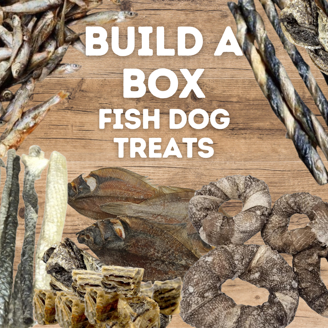 Collage of fish dog treats with text 'Build a Box Fish Dog Treats' on a wooden background.