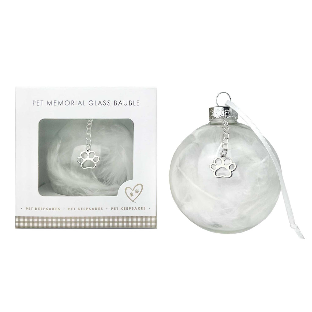 Oh So Precious Pet Memorial Feather Filled Glass Bauble With Paw Print Charm