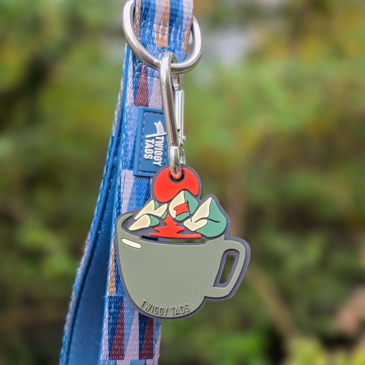 Dog leash with a colorful cup-shaped tag featuring a cartoon character against a blurred natural background.